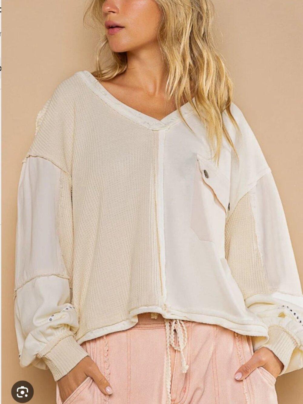 NWT POL Cream V-Neck Waffle Patchwork Top Shirt sz M